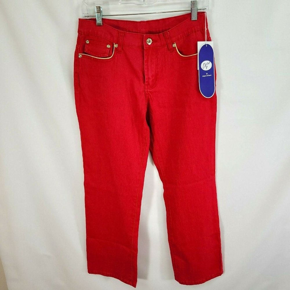 NWT DG2 by Diane Gilman 4P Red Jeans 29" x 28" Denim Petite Stretchy Gold